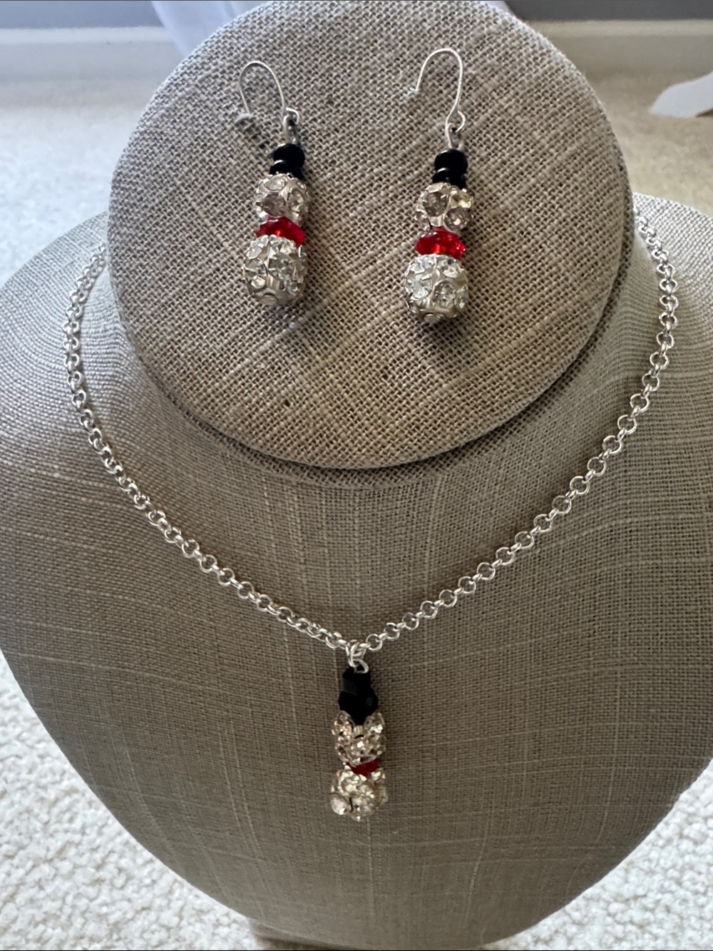 Silver Crystal Snowman Pendant Necklace & Earrings Set W/Red and Black Accents